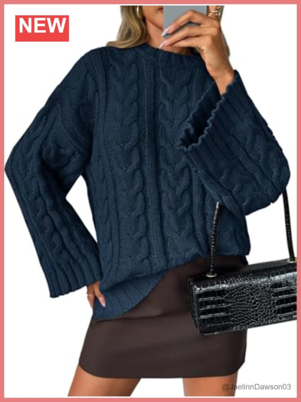Cable Knit Oversized Sweater Bell Sleeve Crew Neck Chunky Pullover Fall Winter